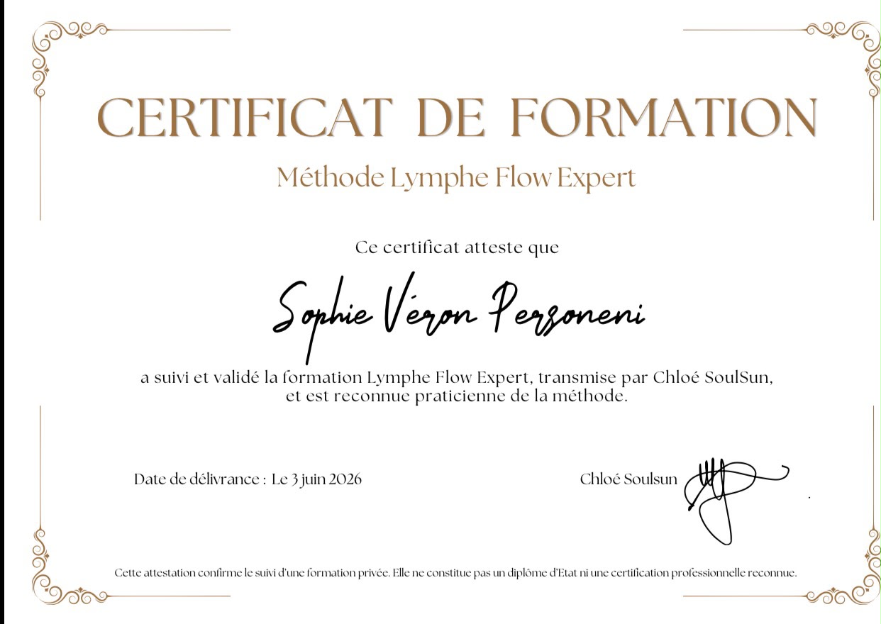 Certificat de formation Méthode Lymphe Flow Expert de Sophie Véron Personeni